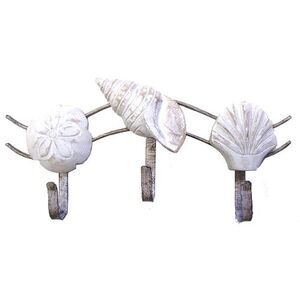 Coastal Whitewashed Assorted Sea Shells Wooden and Metal Triple Hook Wall Decor